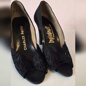 1960s Charles Patou Ingledew's Black Lace Peep-Toe Heels Size 5.5 5 1/2